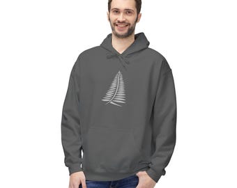 May include: A charcoal gray hooded sweatshirt featuring a light gray graphic of a silver fern leaf centered on the chest. The garment includes a drawstring hood, long sleeves, and a front kangaroo pocket, paired with blue denim jeans.