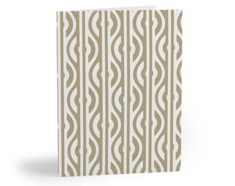 May include: A folded greeting card featuring a repeating geometric pattern of vertical lines and semi-circles in tan and white. The design consists of alternating columns of straight lines and curved shapes that create a structured, rhythmic visual effect.