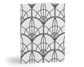 May include: A folded greeting card featuring a repeating geometric pattern of black lines on a light gray background. The design consists of interlocking semicircles and pointed vertical shapes that create a structured, symmetrical grid layout.