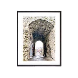 May include: A stone archway with a view of a town in the distance. The archway is made of rough, gray stone and has a slightly arched top. The town is visible through the archway, and there are buildings and trees in the distance.