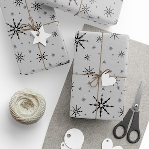 Gift Wrap Paper - Modern Snowflakes l Black and Silver Wrapping Paper for The Holidays - Free US Shipping