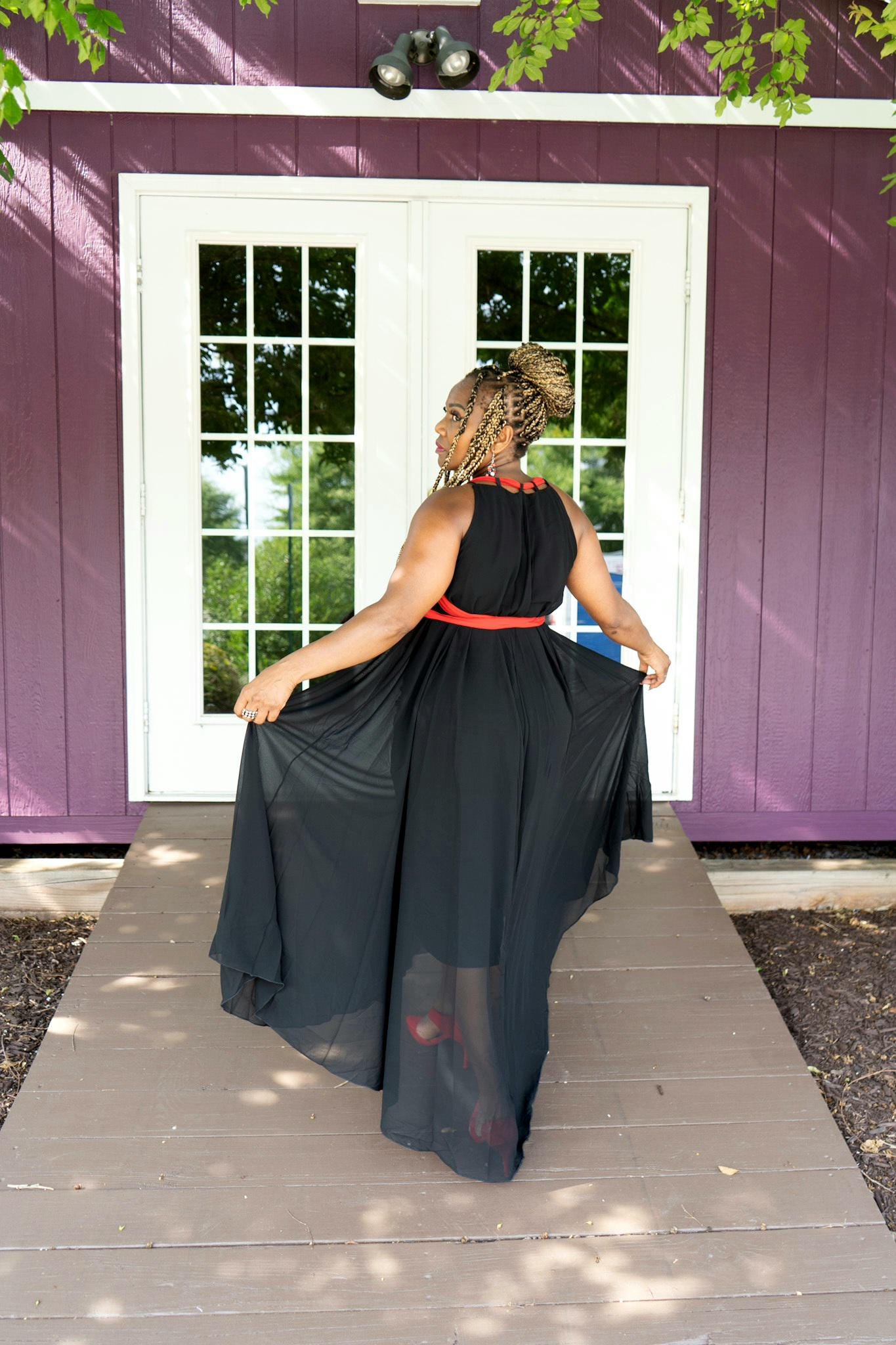 Chiffon Maxi Dress with Long Red Scarf