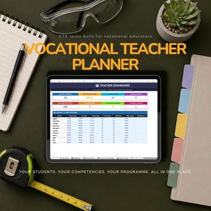 May include: A digital vocational teacher planner displayed on a tablet screen showing a teacher dashboard with student data, surrounded by a spiral notebook, a black pen, safety glasses, a succulent in a pot, and a yellow measuring tape.