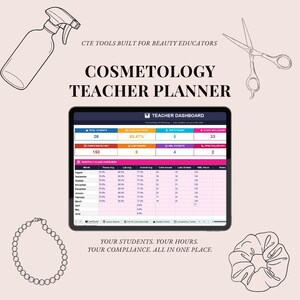 Peut inclure: Un planificateur numérique pour enseignant en cosmétologie affiché sur un écran de tablette, entouré d'illustrations au trait d'un vaporisateur, de ciseaux, d'un collier de perles et d'un chouchou. Le texte indique CTE TOOLS BUILT FOR BEAUTY EDUCATORS, COSMETOLOGY TEACHER PLANNER, et YOUR STUDENTS. YOUR HOURS. YOUR COMPLIANCE. ALL IN ONE PLACE.