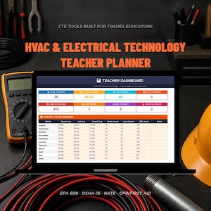 May include: A laptop displaying a teacher dashboard for HVAC and electrical technology with data tables for student grades, certifications, and lab hours, surrounded by a yellow hard hat, a multimeter, and coiled red and black electrical wires.