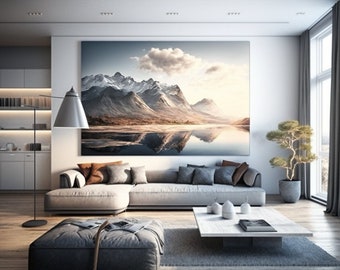 May include: A modern living room with a large gray sectional sofa, a white coffee table, and a large framed print of a mountain landscape with a lake reflection. The room has a gray rug, a gray ottoman, and a potted bonsai tree.