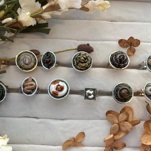 May include: A collection of twelve rings featuring miniature sculpted snakes and coiled patterns in various colors including brown, black, white, and yellow. The rings have circular or square settings and are arranged in two rows on a white display.
