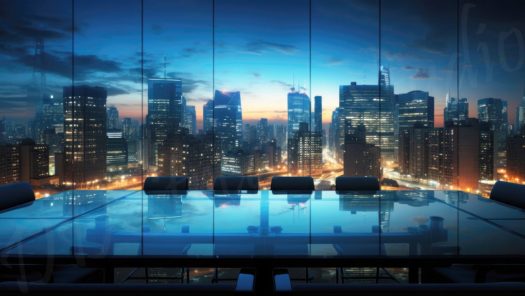 Blue Office City Window Backdrop Virtual Meetings, Office Environments