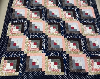 Handmade Log Cabin Cotton Sewing Craft Patchwork Queen size quilt top/topper