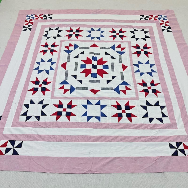Handmade Pink Stars of Victory Cotton Patchwork quilt top/topper 86x86"