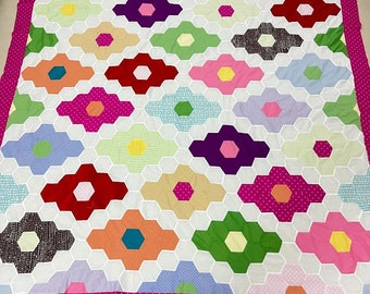 Handmade Hexagon Honeycomb Cotton Fabric Queen Size Patchwork quilt top/topper