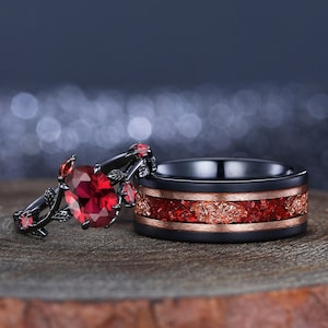 Ovale granaatring set granaat en robijn wolfraam paar ringen rood voor hem en haar prachtige bijpassende trouwringen belofte ringen aangepaste ringen