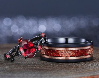 Garnet Ring Set, Sterling Silver & Tungsten Wedding Bands
