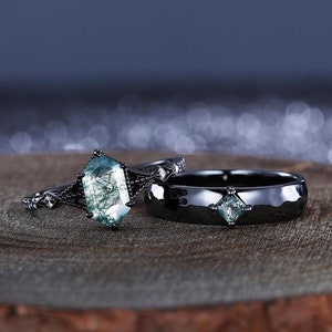 His and Hers Black Gold Moss Agate Matching Wedding Ring Set Engagement Ring Couple Promise Ring Anniversary Gift Birthstone Ring Custom