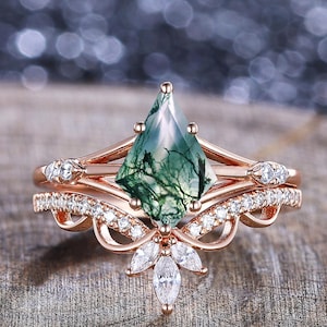 Vintage Kite Moss Agate Engagement Ring Set 14K Rose Gold Moissanite Ring For Women Unique Gothic Bridal Wedding Moss Agate Stacking Rings