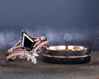 Vintage Kite Black Onyx Couples Matching Wedding Ring Set,Matching Tungsten Ring,Birthstone Ring,Engagement Ring,Promise Ring For Her