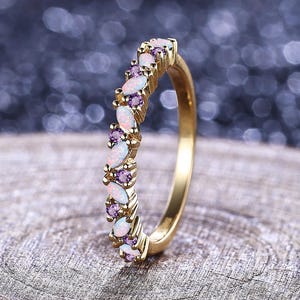 Marquise Cut Fire Opal Wedding Band 14K Yellow Gold Vintage Amethyst Bridal Ring Fire Opal Birthstone Ring Stacking Ring Engagement Ring