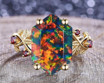 Vintage Fire Opal Engagement Ring Set Nature Inspired 14K Yellow Gold Stacking Cluster Bridal Rings Art Deco Garnet Wedding Anniversary Gift