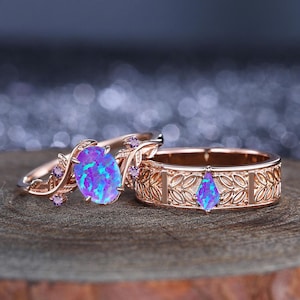 2pcs Couple Ring Set Oval Lavender Opal Ring Couple Ring Set Rose Gold Purple Opal Wedding Band Engagement Ring Promise Ring Birthstone Ring