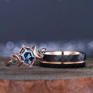 Hexagon Cut Alexandrite Ring Set Tungsten Couple Rings His and Hers Exquisite Matching Wedding Rings Promise Rings Custom Rings Gift For Her