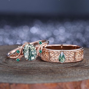 2pcs Couple Ring Set Oval Green Moss Agate Couple Ring Set Rose Gold Moss Agate Wedding Band Engagement Ring Promise Ring Birthstone Ring