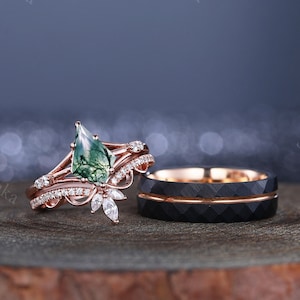 Moss Agate Couples Ring Set,Moss Agate And Tungsten Ring,Matching Wedding Ring,Birthstone Ring,Engagement Ring,Promise Ring For Her,Custom