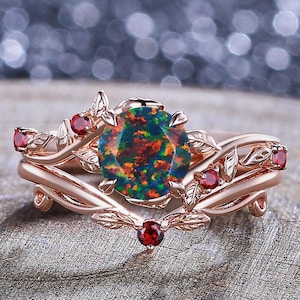 Vintage Black Fire Opal Engagement Ring Set Unique Leaf Design Rose Gold Garnet Cluster Ring Anniversary Gift Women Bridal Promise Ring