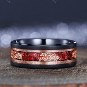 Unique Men&#39;s Tungsten Rings Crushed Ruby Engagement Rings Unique Gemstone Crushed Ruby Rings Black and Rose Gold Two Tone Men&#39;s Wedding Ring