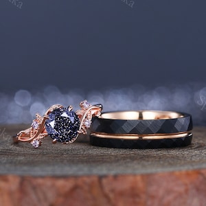 Vintage Blue Sandston Starry Sky Moon ring Rose Gold Ring Set Matching Wedding Ring Tungsten Exquisite Promise Ring Custom Ring Couple Ring