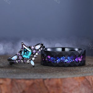 Anillo de pareja de oro negro y alejandrita de cometa, anillo de bodas para él y para ella, anillo de promesa de aniversario, anillo de compromiso, anillo de piedra de nacimiento personalizado