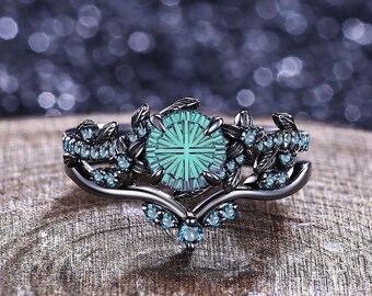 Fireworks Cut Alexandrite Engagement Ring Set Unique Gothic Nature Inspired London Blue Topaz Cluster Ring Anniversary Gifts Stacking Rings