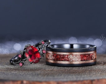 Garnet Leaf Sterling Silver Couples Ring Set - Red Ruby Tungsten Wedding Bands