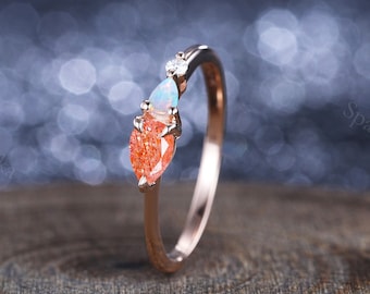 Vintage Pear Cut Sunstone Ring, Opal Moissanite, Sterling Silver Promise Ring