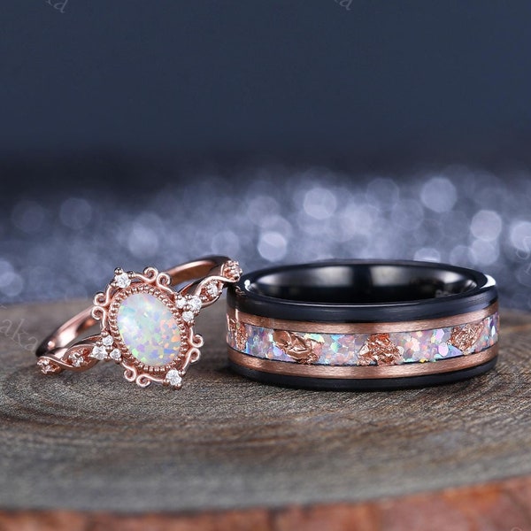 Anillo de pareja de ópalo blanco ovalado, alianza de boda a juego para él y para ella, anillo de boda único de ópalo y tungsteno con ópalo, anillo de promesa natural a juego.