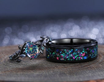 Black Gold Black Opal Couple Ring Set Men And Women Wedding Ring Set Engagement Ring Promise Ring Birthstone Ring Matching Ring Gift For Her