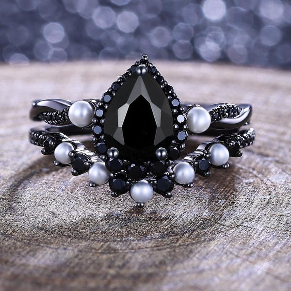 Pear Black Onyx Engagement Ring Set, Gothic Black Gold Pavé, Pearl Accents