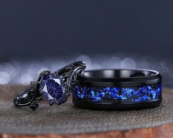 Sterlingzilveren ring voor stelletjes in blauwe zandsteen – wolfraam trouwringen