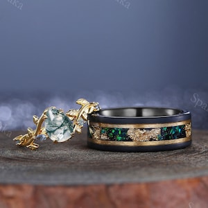 Moss Agate Couples Ring Set,Moss Agate And Green Tungsten Ring,Engagement Ring,Matching Wedding Ring,Birthstone Ring,Promise Ring For Her