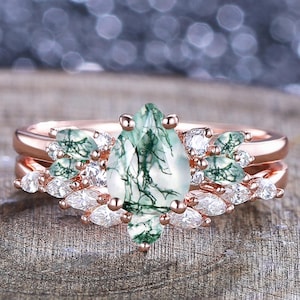 Unique Moss Agate Engagement Ring Set 14K Rose Gold Moissanite Ring Moss Agate Stacking Wedding Rings Anniversary Gifts Birthstone Ring
