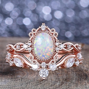 Vintage Oval Opal Engagement Ring Set Unique Leaf Design 14K Rose Gold Cluster Moissanite Ring Women Bridal Stacking Rings Anniversary Gift