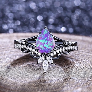 ラベンダーパープルオパール婚約指輪セット ファイアオパール重ね付けリング ユニークな自然をモチーフにしたブライダル誕生石結婚指輪 記念日ギフト