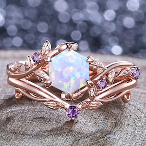 Vintage Hexagon Opal Verlobungsring Set Einzigartige Blatt Design 14K Rose Gold Amethyst Cluster Ring Jubiläumsgeschenk Frauen Braut Versprechen Ring