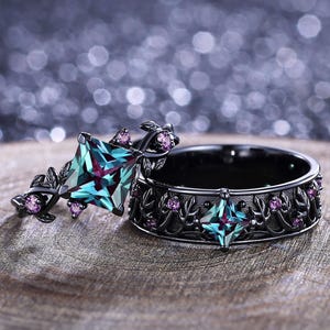 Vintage Princess Alexandrite Couple Rings His&Her Matching Wedding Ring Set Anniversary Gift Unique Nature Branch Amethyst Engagement Ring