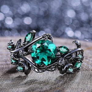 Einzigartiger Smaragd Verlobungsring Natur Zweig Braut Versprechen Ring Set Schwarz Gold Art Deco Cluster Blatt Hochzeit Smaragd Halbmond Ring