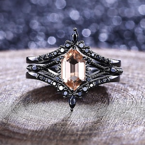 3PCS Hexagon Morganite Engagement Ring Set Gothic Women Morganite Birthstone Bridal Ring Unique Black Gold Black Onyx Stacking Wedding Rings