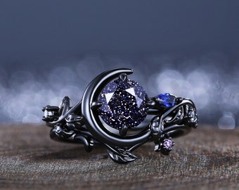 Blue Sandstone Sterling Silver Moon Leaf Wedding Ring Set