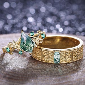 Moss Agate Wedding Couple Rings His&Her Wedding Ring Set Moss Agate Engagement Ring Set Anniversary Gift Unique Leaf Design Bridal Ring