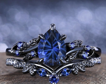 Fireworks Cut Blue Sapphire Engagement Ring Set Unique 14K Black Gold Sapphire Cluster Ring Vine Twig Nature Inspired Ring Anniversary Gift