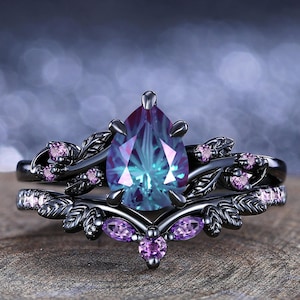 Unique Fireworks Cut Alexandrite Engagement Ring Set Leaf Design Black Gold Amethyst Cluster Ring Anniversary Gift Alexandrite Wedding Ring