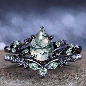 Unique Moss Agate Engagement Ring Set Leaf Design Black Gold Moss Agate Cluster Ring Anniversary Gift Vine Twig Branch Nature Inspired Ring